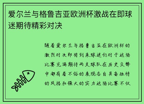 爱尔兰与格鲁吉亚欧洲杯激战在即球迷期待精彩对决